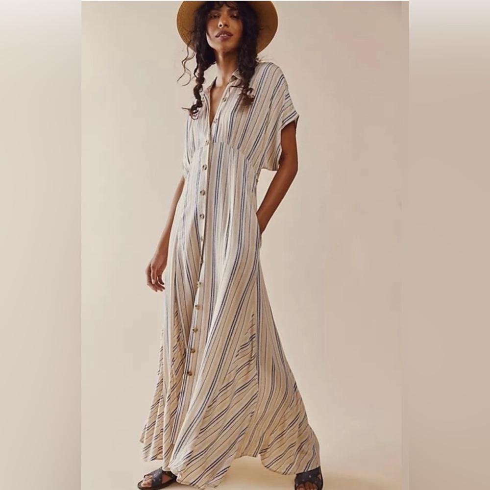 NWOT Free People Rowan Short Sleeve Cream and Blue Striped Maxi Dress
